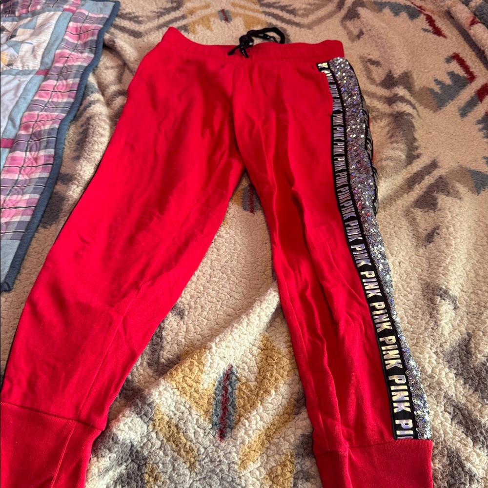 PINK Victoria's Secret Red Track Pants with Black and Silver Accents